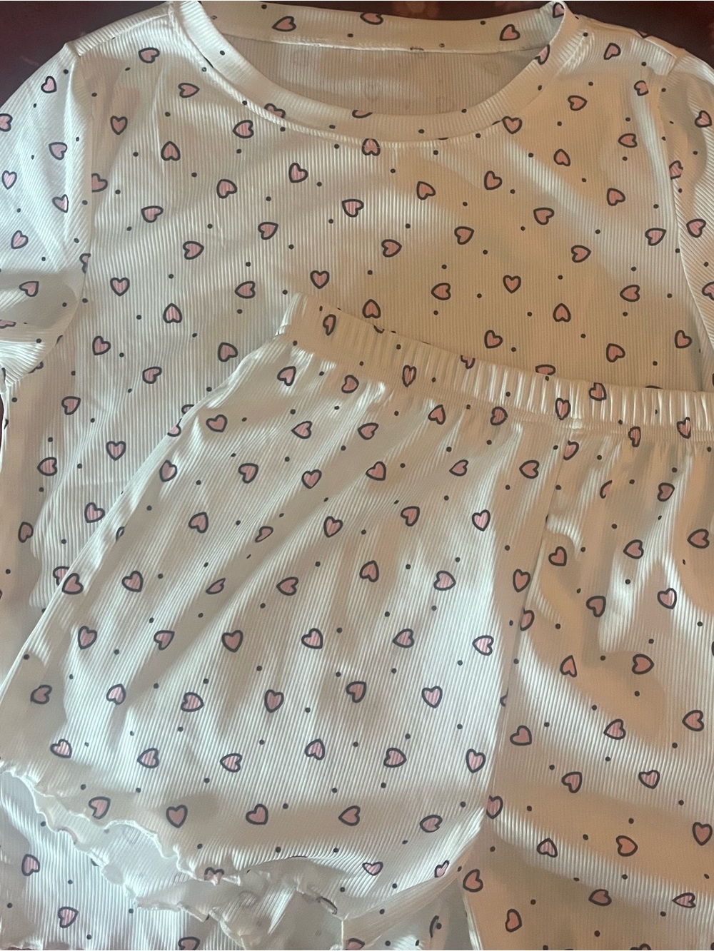 White Short Pajama Set with Pink Heart Print